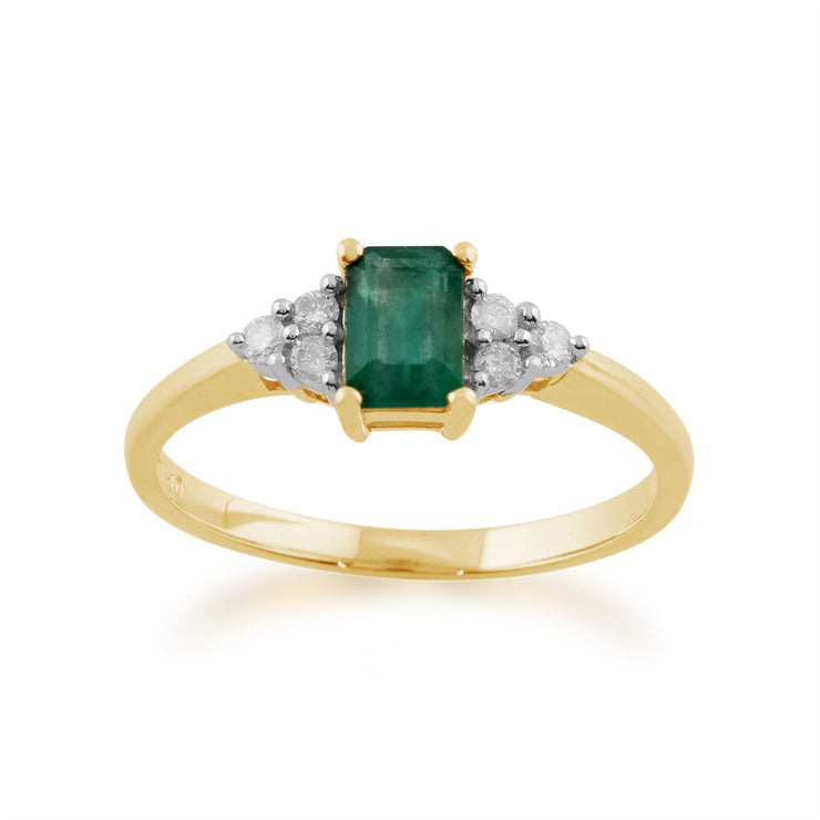 Bague en Or Jaune 9ct avec Emeraude Baguette et Diamants Ronds