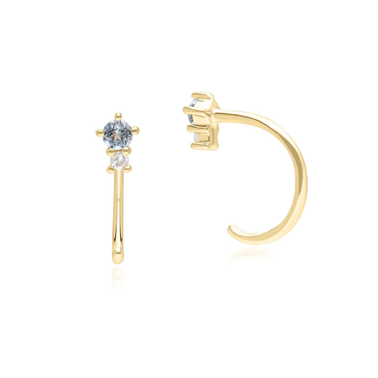 Boucles d'Oreilles Créoles Pull Through Modern Classic en Or Jaune 9 carats avec Topaze Bleue Ciel et Diamants