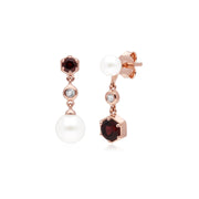 Boucles d'Oreilles Pendantes Asymétriques Perle Moderne Argent 925 Plaqué Or Perle, Grenat et Topaze
