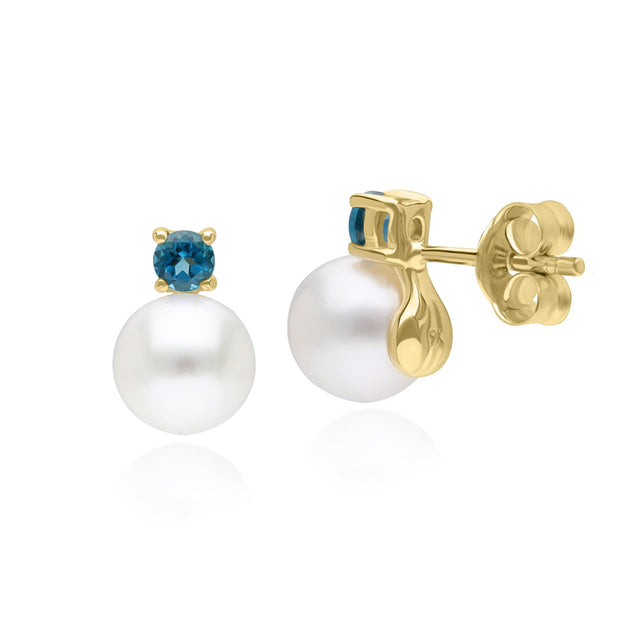 Boucles d'oreilles clou Modern Pearl Or Jaune 375 Perle et Topaze Bleue