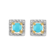 Boucles d'Oreilles Clou Turquoise Classique Or Jaune 375 et Ear-Jacket Carré Diamant
