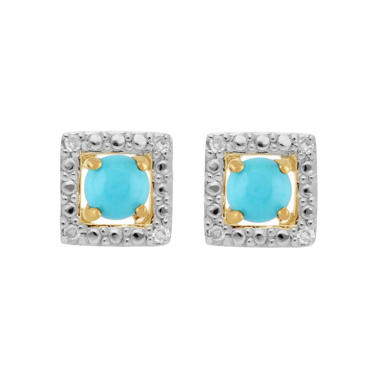 Boucles d'Oreilles Clou Turquoise Classique Or Jaune 375 et Ear-Jacket Carré Diamant