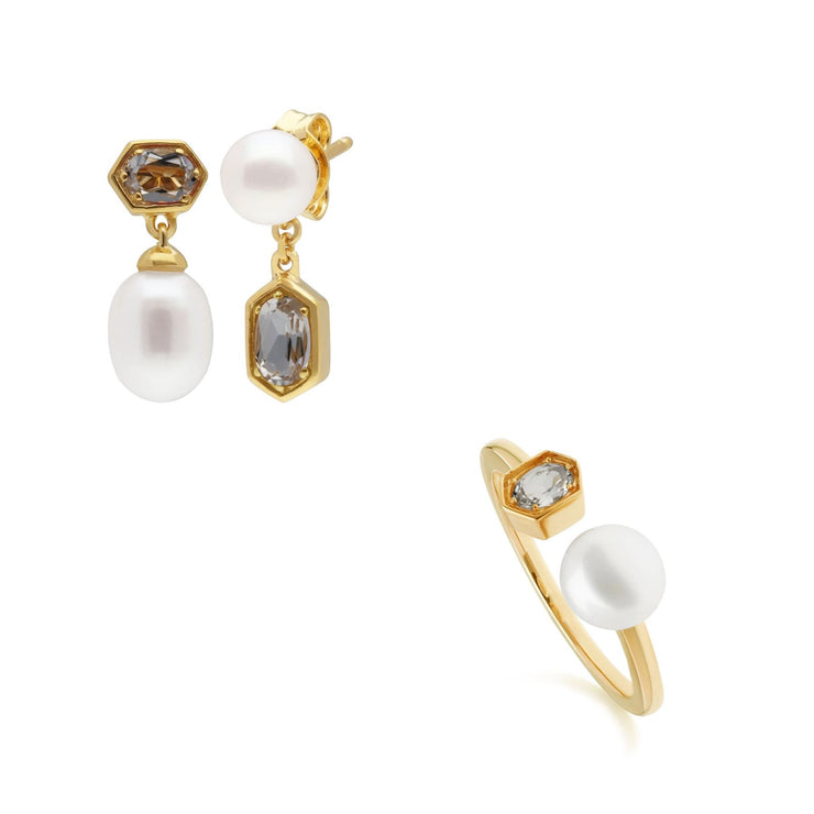 Bague et Boucles d'Oreilles Perle Moderne Argent 925 Doré à l'Or Fin Topaze et Perle