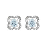 Boucles d'Oreilles Clou Aigue-Marine Classique Or Blanc 375 et Ear-Jacket Fleur Diamant