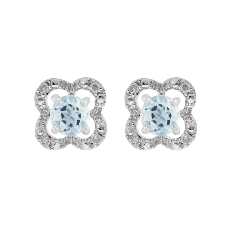 Boucles d'Oreilles Clou Aigue-Marine Classique Or Blanc 375 et Ear-Jacket Fleur Diamant