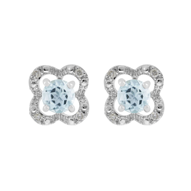 Boucles d'Oreilles Clou Aigue-Marine Classique Or Blanc 375 et Ear-Jacket Fleur Diamant