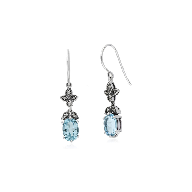 Topaze Boucles D'Oreilles, Argent Sterling Topaze Bleu & Marcassite Ovale Art Nouveau Boucles D'Oreilles Goutte