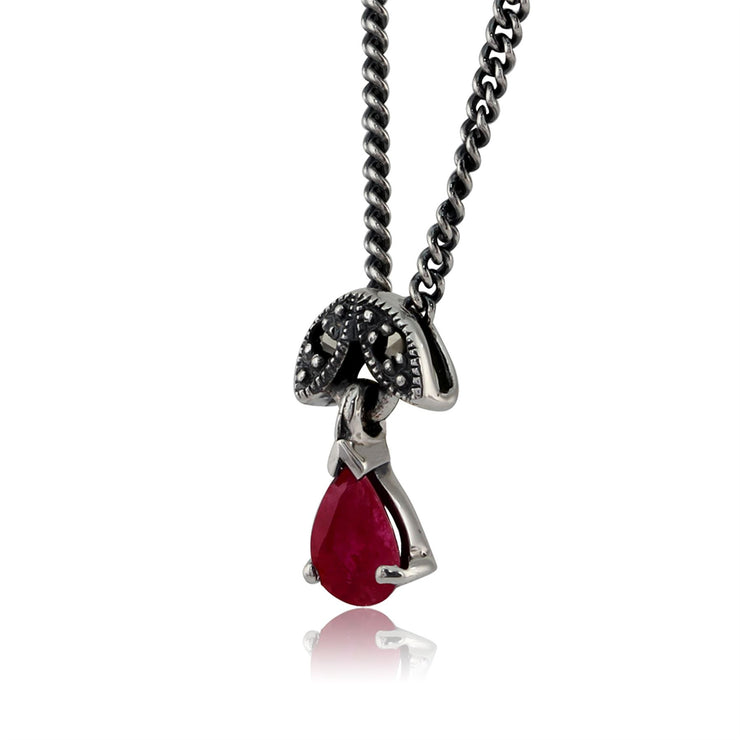 Pendentif Style Art Nouveau Argent 925 Rubis Poire et Marcassite