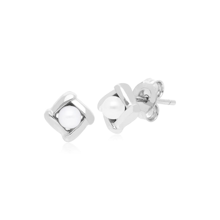 Boucles d'Oreilles Clou Croisé Carré Argent 925 Perle