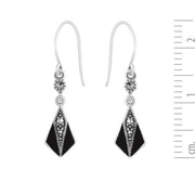 Pendentif et Boucles d'Oreilles Pendantes Eventail Style Art Déco Argent 925 marcassite Rond et Email Noir
