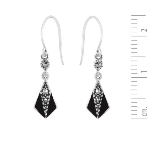 Pendentif et Boucles d'Oreilles Pendantes Eventail Style Art Déco Argent 925 marcassite Rond et Email Noir