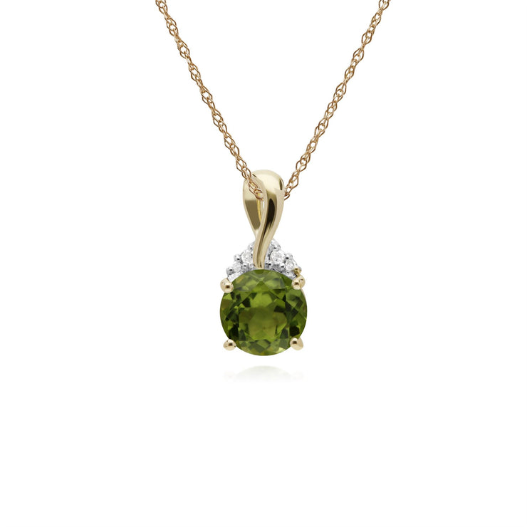 Péridot Collier, 9 CT or Jaune Rond Peridot & Diamant Baiser Pendentif sur 45cm Chaîne