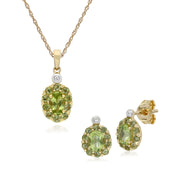 Boucles d'Oreilles Clou et Pendentif Classique Or Jaune 375 Péridot et Diamant Cluster