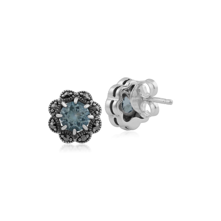 Boucles d'Oreilles Clou Floral Argent 925 Topaze Bleue et Marcassite Style Cluster