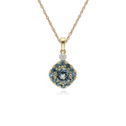 Boucles d'Oreilles Clou et Pendentif Carré Classique Or Jaune 375 Topaze Bleue et Diamant Cluster