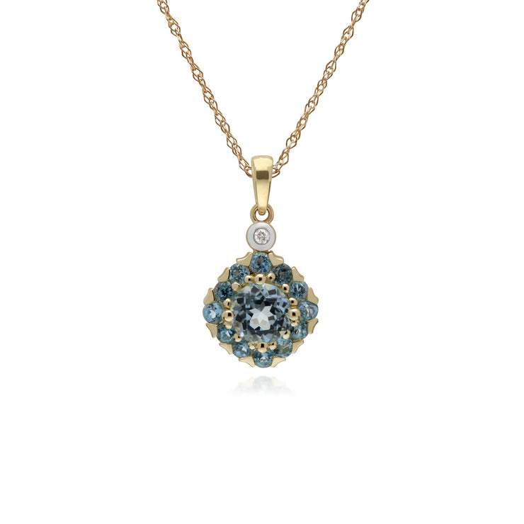 Boucles d'Oreilles Clou et Pendentif Carré Classique Or Jaune 375 Topaze Bleue et Diamant Cluster
