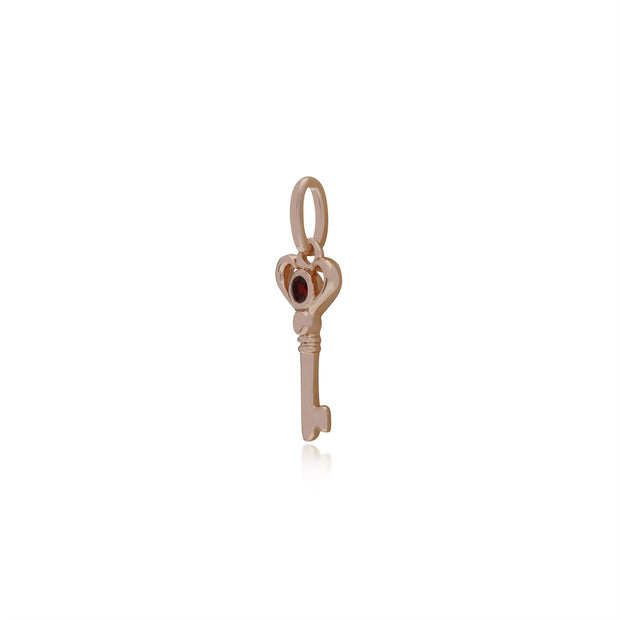 Pendentif Classique Argent 925 Plaqué Or Rose Petite Clé avec Grenat Rond