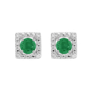 Boucles d'Oreilles Clou Emeraude Classique Or Blanc 375 et Ear-Jacket Carré Diamant