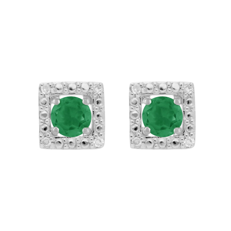 Boucles d'Oreilles Clou Emeraude Classique Or Blanc 375 et Ear-Jacket Carré Diamant