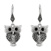 Boucles d'Oreilles Pendantes Style Art Déco Argent 925 Onyx Noire et Marcassite