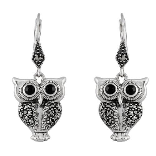 Boucles d'Oreilles Pendantes Style Art Déco Argent 925 Onyx Noire et Marcassite