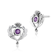 Boucles d'Oreilles Chardon Clou Style Art Nouveau Argent 925 Améthyste Ronde