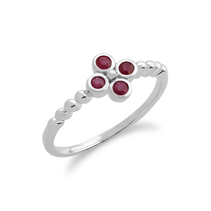 Bague et Boucles d'Oreilles Clou Trèfle Floral Argent 925 Rubis Rond