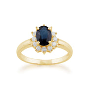 Boucles d'Oreilles Clou et Bague Classique Oval Or Jaune 375 Sapphire et Diamant Halo Cluster