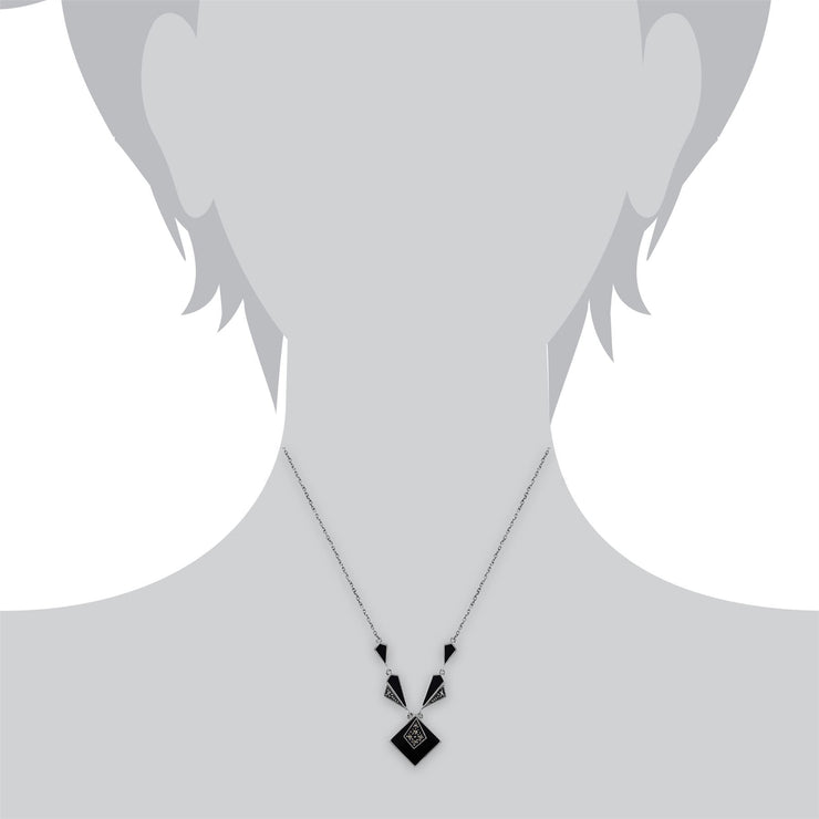 Collier et Boucles d'Oreilles Pendantes Carrée Style Art Déco Argent 925 Onyx Noire Cabochon et Marcassite