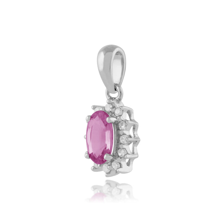 Pendentif et Boucles d'Oreilles Clou Classique Or Blanc 375 Saphir Rose Oval et Diamant Cluster
