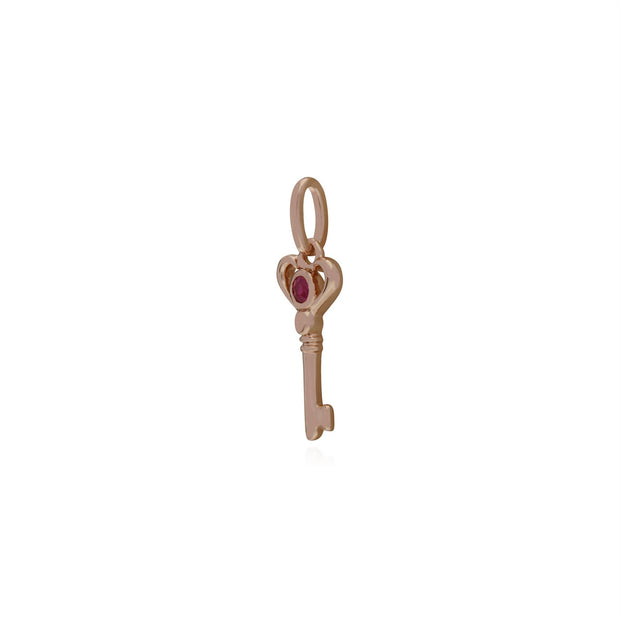 Pendentif Classique Argent 925 Plaqué Or Rose Petite Clé avec Rubis Rond