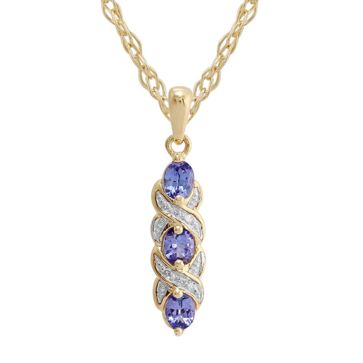 Pendentif et Boucles d'Oreilles Clou Torsadés Classique Or Jaune 375 Tanzanite et Diamant Ronds