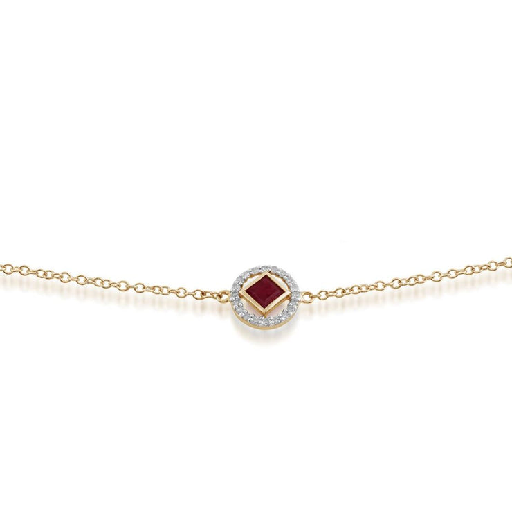 Bracelet Classique Or Jaune 375 Rubis Carré et Diamant Style Halo