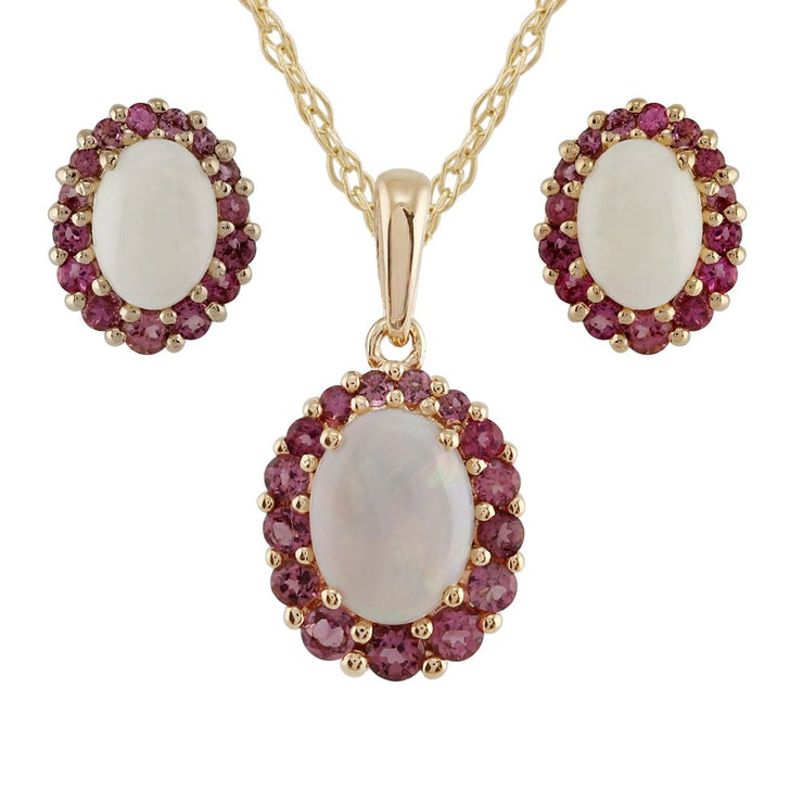 Pendentif et Boucles d'Oreilles Clou Style Art Déco Opale Ovale et Tourmaline Rose