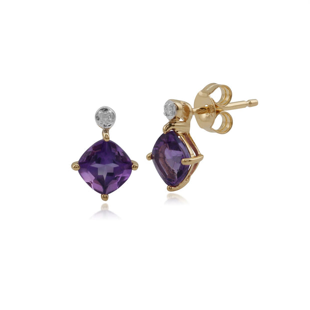 Boucles d'Oreilles Clou Classique Or Jaune 375 Améthyste Carrée et Diamant