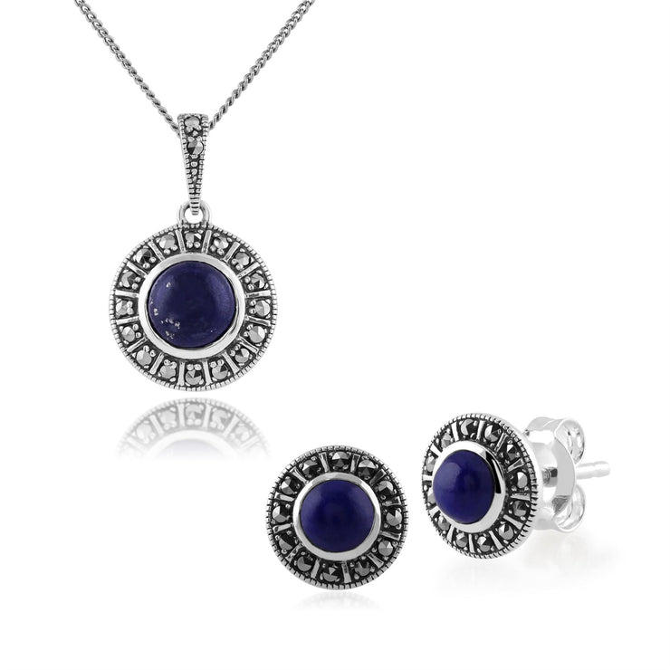 Pendentif et Boucles d'Oreilles Clou Style Art Déco Argent 925 Lapis Lazuli et Marcassite Halo