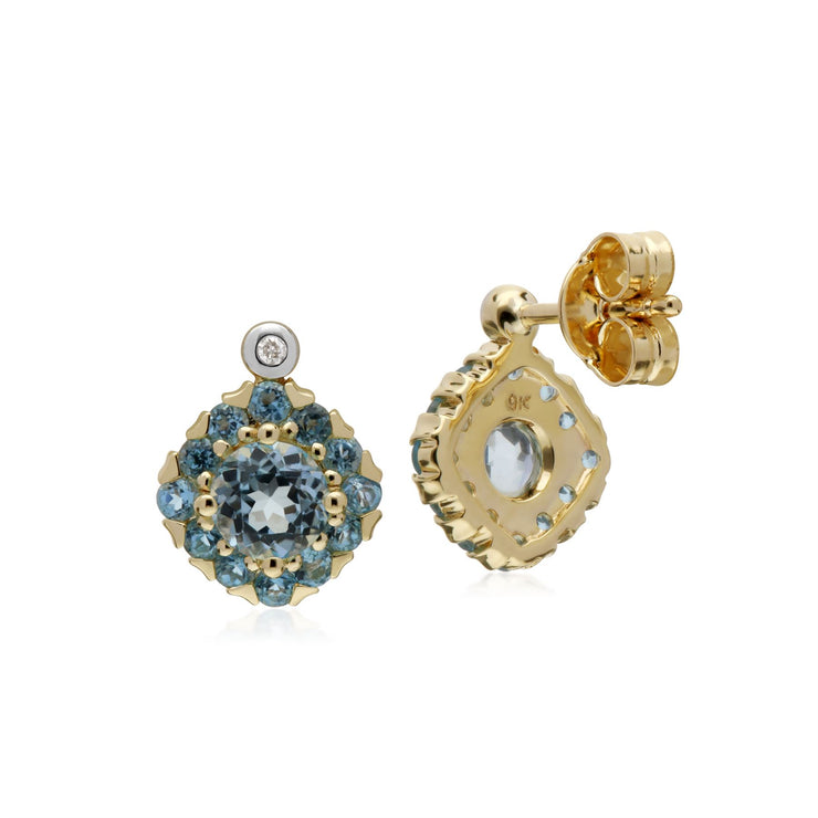 s 9 CT or Jaune Rond Topaze Bleu et Diamant Carré Grappe Boucles D'Oreilles Clous