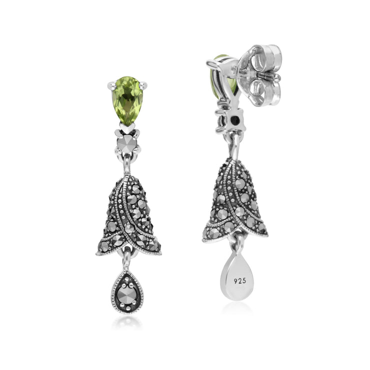 s Argent Sterling Poire Péridot et Marcassite Clochette Boucles D'Oreilles Goutte