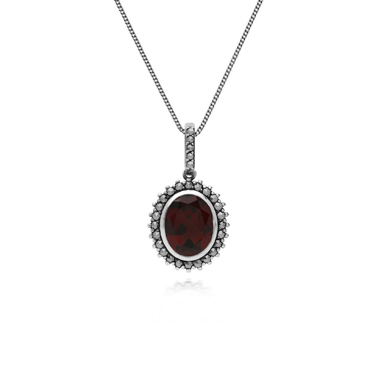Pendentif Style Art Déco Argent 925 Grenat Oval et Marcassite Halo