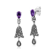 s Argent Sterling Poire Amethyst And Marcassite Clochette Boucles D'Oreilles Goutte