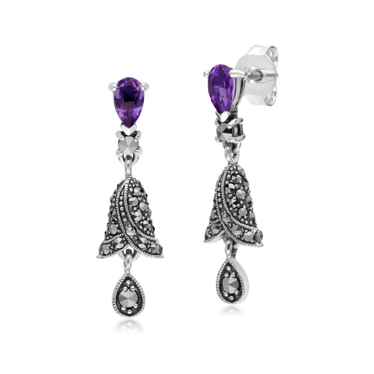 s Argent Sterling Poire Amethyst And Marcassite Clochette Boucles D'Oreilles Goutte