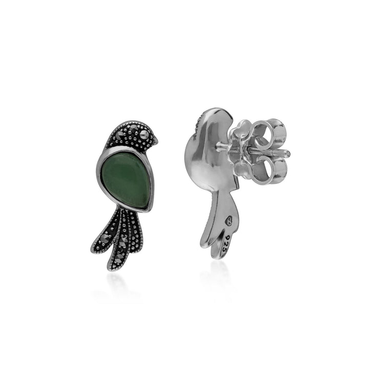 Jade Boucles D'Oreilles, Argent Sterling 1 Carat Jade & 0,09 CT Marcassite Oiseaux Boucles D'Oreilles