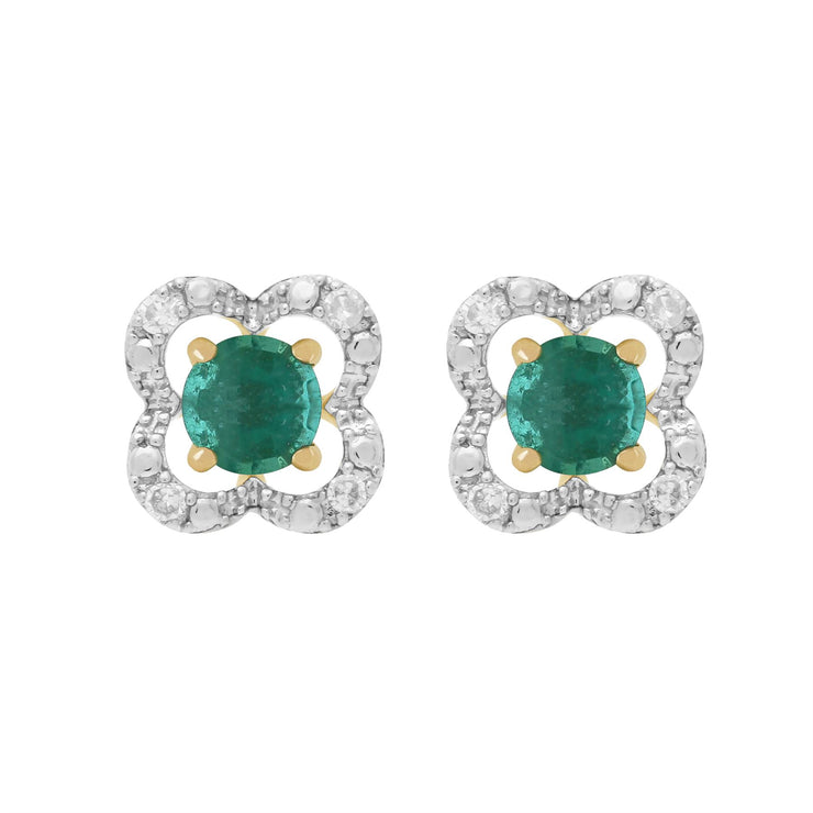 Boucles d'Oreilles Clou Emeraude Classique Or Jaune 375 et Ear-Jacket Fleur Diamant