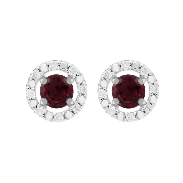 Boucles d'Oreilles Clou Rhodolite Classique Or Blanc 375 et Ear-Jacket Rond Diamant