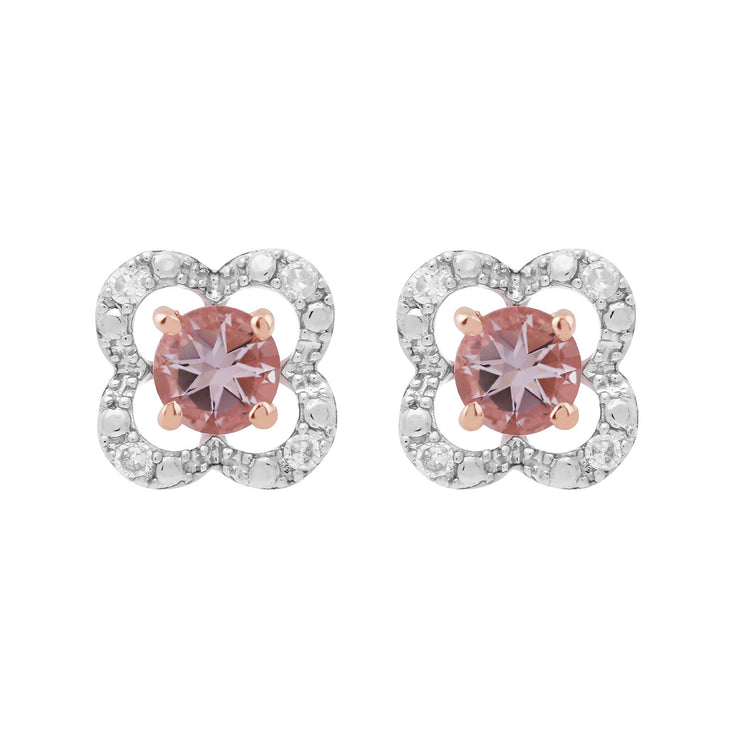 Boucles d'Oreilles Clou Morganite Classique Or Rose 375 et Ear-Jacket Fleur Diamant