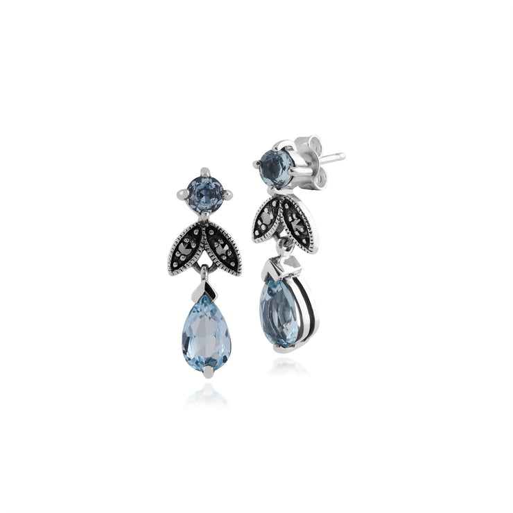 Boucles d'Oreilles Pendantes Style Art Nouveau Argent 925 Topaze Poire Bleue et Marcassite