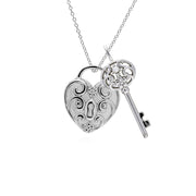 Pendentif Classique Cadenas Cœur Torsadé Argent 925 et Charms Grande Clé Perle