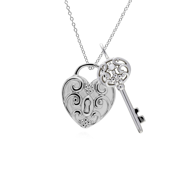 Pendentif Classique Cadenas Cœur Torsadé Argent 925 et Charms Grande Clé Perle