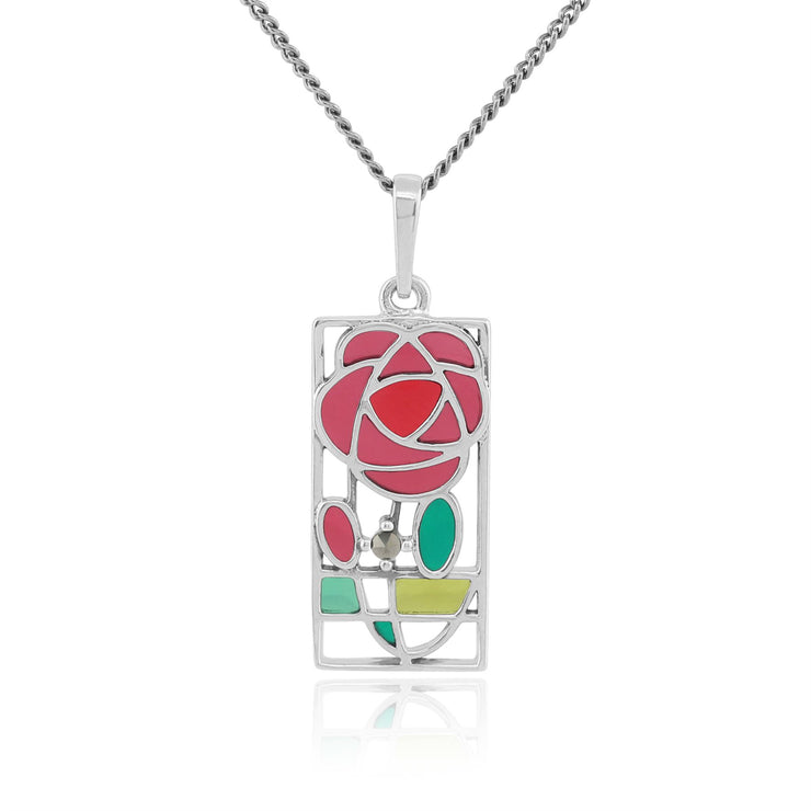 Collier Style Rennie Mackintosh Argent 925 Marcassite Rond et Email