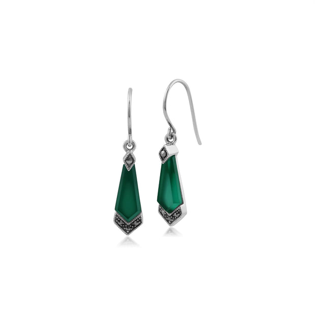 Boucles d'Oreilles Cerf Volant Style Art Déco Argent 925 Calcédoine Verte et Marcassite